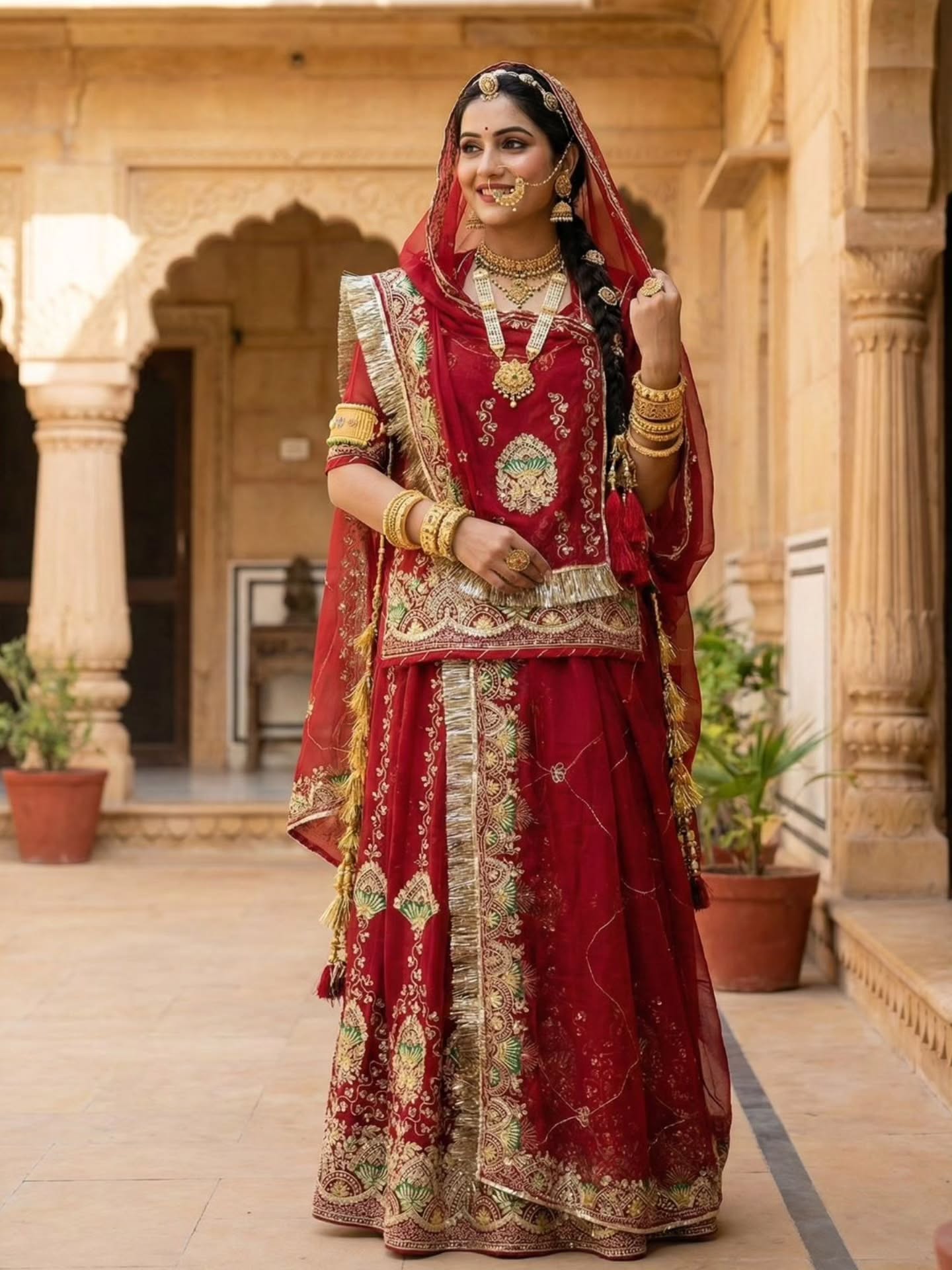 A collection of traditional Indian ethnic outfits featuring colorful lehengas, sarees, and salwar suits worn by women in royal heritage locations and festive settings.